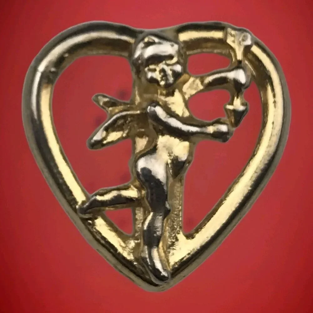 Gold Toned Pin Brooch Cupid Cherub Heart Embossed 3D Design Romantic Vintage